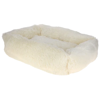 Ein weiches, flauschiges, cremefarbenes Haustierbett mit erhöhten Rändern, entworfen für Komfort und Entspannung für kleine bis mittelgroße Haustiere.