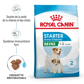 Sac de nourriture pour chiens Royal Canin Starter Mother & Babydog Mini avec deux petits chiens, mettant l'accent sur le soutien à la santé et la force immunitaire.