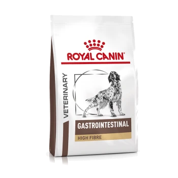 Royal Canin Veterinary Gastrointestinal High Fibre hondenvoer zak met een zwart-witte hondenillustratie en een rood kroonlogo.