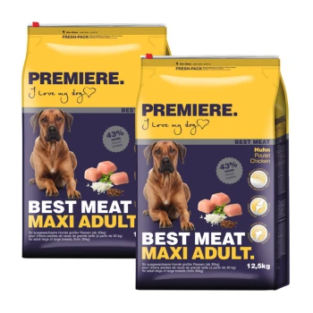 Zwei Säcke Hundefutter mit der Aufschrift "Premiere Best Meat Maxi Adult" mit einem gelben Design, 43% Hühneranteil und einem Gewicht von 12,5 kg.
