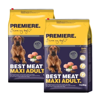 Zwei Säcke Hundefutter mit der Aufschrift "Premiere Best Meat Maxi Adult" mit einem gelben Design, 43% Hühneranteil und einem Gewicht von 12,5 kg.