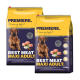 Zwei Säcke Hundefutter mit der Aufschrift "Premiere Best Meat Maxi Adult" mit einem gelben Design, 43% Hühneranteil und einem Gewicht von 12,5 kg.