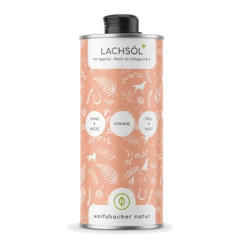 Dose LACHSÖL Lachsöl für Hunde und Katzen, korallfarbenes botanisches Design, schwarzer Verschluss, sichtbarer Text 'LACHSÖL' und 'Hund & Katze'.