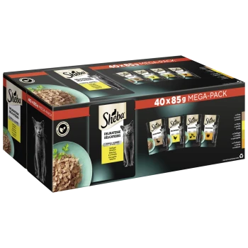 Sheba kattenvoer mega pakket, met 40 zakjes van 85g elk, met een grijze kat en afbeeldingen van voedsel in kommen.