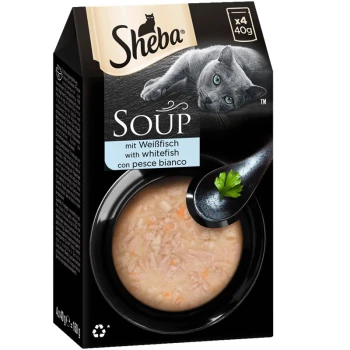 Sheba Suppe mit Weißfisch, mit einer Schüssel cremiger Suppe mit Fischstücken und Gemüse, verpackt in einer schwarzen Box.