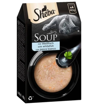 Sheba Suppe mit Weißfisch, mit einer Schüssel cremiger Suppe mit Fischstücken und Gemüse, verpackt in einer schwarzen Box.
