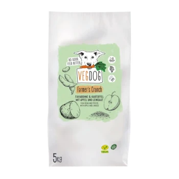 Veganer Hundefutterbeutel mit der Aufschrift 'VEGDOG Farmer's Crunch', mit Favabohnen, Kartoffeln, Apfel und Leinsamen, Größe 5 kg.