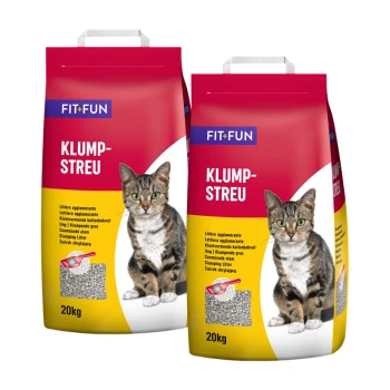 Zwei Säcke FIT+FUN Klumpstreu für Katzen, jeweils 20 kg, mit einer getigerten Katze auf der Vorderseite und Text in mehreren Sprachen.