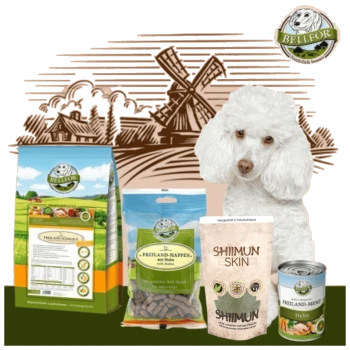Ein weißer Pudel sitzt neben BELLEFOR Haustierfutterprodukten, mit einer Windmühle und einer ländlichen Illustration im Hintergrund.