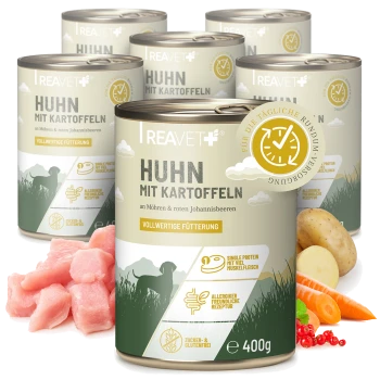 Dosen von REAVET+ Hundefutter, beschriftet mit "Huhn mit Naturreis," das Huhn, Karotten und rote Johannisbeeren enthält, mit Nährwertangaben und Allergenen.