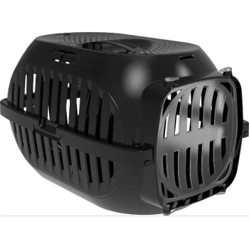 Transportbox Schwarze Kunststoff-Tiertransportbox mit Lüftungsschlitzen, einer vorderen Türverriegelung und einem oberen Griff für einfaches Tragen.