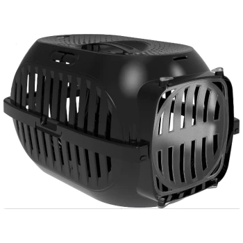 Transporteur pour animaux en plastique noir avec fentes de ventilation, loquet de porte avant et poignée supérieure pour un transport facile.