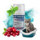 Eine Flasche Vetiness Urinary Gel für Katzen, mit einer grauen Katze, die in einer Katzentoilette sitzt, umgeben von Cranberries und grünen Blättern.