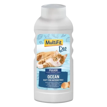 Weiße Flasche mit MultiFit Deo Katzenstreu-Deodorant-Pulver mit Meeresduft, mit einem Bild einer entspannten roten Katze.