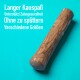 Holz-Kauspielzeug für Haustiere, das die Zahngesundheit fördert, mit dem Text: "Langer Kauspaß, Unterstützt Zahngesundheit, Ohne zu splittern, Verschiedene Größen."