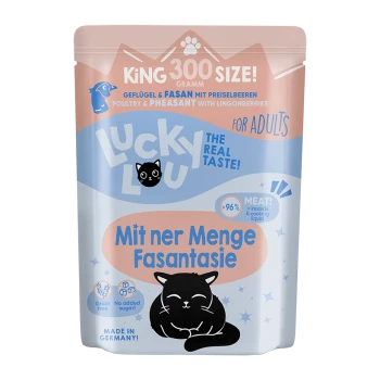 Tüte mit Lucky Lou Katzenfutter, 300g, mit Geflügel und Fasan mit Preiselbeeren, beschriftet mit '96% Fleisch!' und 'Getreidefrei, ohne Zuckerzusatz.'