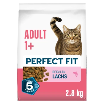 Perfect Fit Katzenfutterbeutel mit getigerter Katze; „ADULT 1+“, „PERFECT FIT“, „REICH AN LACHS“, 2,8 kg, Kroketten und Abzeichen „Total 5 Formula“.