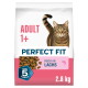 Perfect Fit Katzenfutterbeutel mit getigerter Katze; „ADULT 1+“, „PERFECT FIT“, „REICH AN LACHS“, 2,8 kg, Kroketten und Abzeichen „Total 5 Formula“.