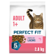 Sac de nourriture pour chat Perfect Fit avec un chat tigré, "ADULT 1+", "PERFECT FIT", "REICH AN LACHS", 2.8 kg, croquettes et badge "Total 5 Formula"