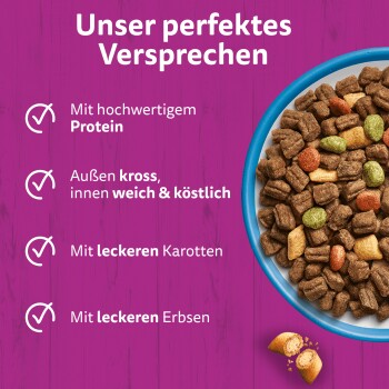 Trockenfutter in blauem Napf vor lila Hintergrund mit deutscher Überschrift 'Unser perfektes Versprechen'.