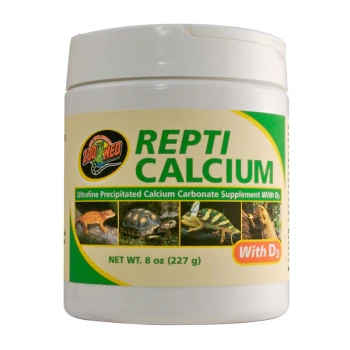 Repti Calcium mit D3 85 g Behälter mit Zoo Med Repti Calcium, einem ultrafeinen Calciumcarbonat-Ergänzungsmittel mit D3, Nettogewicht 8 oz (227 g), mit Bildern von Reptilien.