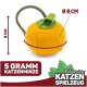 Ein plüschiger orangefarbener Kürbis-Katzenspielzeug mit einem grünen Stiel, mit einem Durchmesser von 8 cm und einer Höhe von 6 cm, beschriftet mit "5 Gramm Katzenminze."