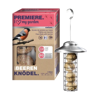 Premiere I Love My Garden Vogelfutterbälle mit Beeren, präsentiert in einem Metallfutterspender, mit einer bunten Schachtel mit einer Illustration eines Gimpels.
