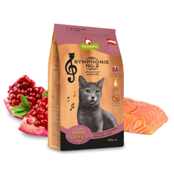 GranataPet Symphonie No. 2 Katzenfutterbeutel, mit einer Silhouette einer schwarzen Katze, mit Lachs und Granatapfel im Hintergrund. 300g.