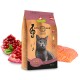 GranataPet Symphonie No. 2 Katzenfutterbeutel, mit einer Silhouette einer schwarzen Katze, mit Lachs und Granatapfel im Hintergrund. 300g.