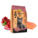GranataPet Symphonie No. 2 Katzenfutterbeutel, mit einer Silhouette einer schwarzen Katze, mit Lachs und Granatapfel im Hintergrund. 300g.