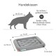 Abmessungen des Hundebetts und Eignung für mittelgroße bis große Hunde, mit einem grauen Kissen mit einer Dicke von 10 cm.