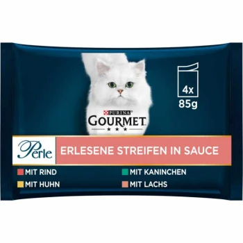 Emballage de nourriture pour chat gourmet avec un chat blanc, étiqueté "Erlesene Streifen in Sauce," avec des saveurs : Bœuf, Poulet, Lapin et Saumon.