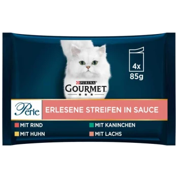 Verpackung für Gourmet-Katzenfutter mit einer weißen Katze, beschriftet mit "Erlesene Streifen in Sauce", mit Geschmacksrichtungen: Rind, Huhn, Kaninchen und Lachs.