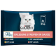 Verpackung für Gourmet-Katzenfutter mit einer weißen Katze, beschriftet mit "Erlesene Streifen in Sauce", mit Geschmacksrichtungen: Rind, Huhn, Kaninchen und Lachs.
