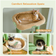 Katzenbaum mit drei Plätzen: ein oberes Bett mit einer orangefarbenen Katze, eine Hängematte mit einer flauschigen Katze und ein runder Wohnraum mit einer weiteren Katze.