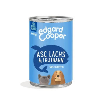 Blik Edgard Cooper hondenvoer, 400g, met een blauw etiket met 'ASC Lachs & Truthahn' en illustraties van een hond en een kat.