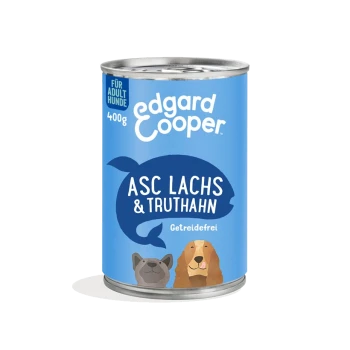 Dose Edgard Cooper Hundefutter, 400g, mit einem blauen Etikett mit 'ASC Lachs & Truthahn' und Illustrationen eines Hundes und einer Katze.