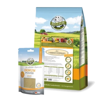 Bild der BELLFOR-Haustierfutterverpackung mit "Landgut-Schmaus" Trockenfutter (2,5 kg) und "Immune Powder" (60 g) für Hunde, das die Premium-Qualität hervorhebt.