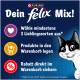 Purina FELIX Aktion: 'Dein felix Mix!' mit einer schwarz-weißen Cartoon-Katze; deutsche Schritte — Wähle mindestens 3, Warenkorb, Rabatt sichern