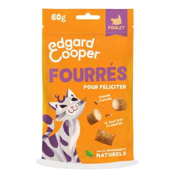 Sachet orange Edgard Cooper 60 g de friandises pour chats 'FOURRÉS POUR FÉLICITER' avec illustration de chat, mentions 'Poulet' et 'viande fraîche'