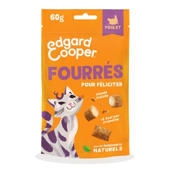 Sachet orange Edgard Cooper 60 g de friandises pour chats 'FOURRÉS POUR FÉLICITER' avec illustration de chat, mentions 'Poulet' et 'viande fraîche'
