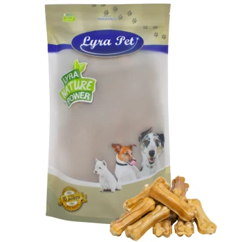 Kauknochen ca. 7 cm 1 kg Verpackung von Lyra Pet Hundeleckerlis mit einem beigen Beutel, der das Etikett "Lyra Nature Power", Bilder eines Hundes und einer Katze sowie knochenförmige Leckerlis zeigt.