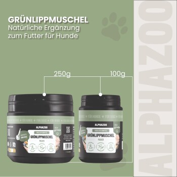 Grünlippmuschel aus Neuseeland, ein Pferde-Pulver von Alphazoo, mit Texten über natürliche Zutaten, hohe GAG-Gehalte und Premium-Qualität.