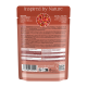 Rückseite eines Katzenfutterbeutels 'Inspired by Nature' mit Nassfutterfoto, Nährwertangaben, Barcode, QR-Code und catz finefood-Logo.