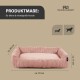 Rosa Hundebett mit Abmessungen von etwa 70 cm x 49 cm x 15 cm, geeignet für kleine bis mittelgroße Hunde.