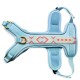 Hellblaues Hundegeschirr mit einem gemusterten Riemen mit roten und cremefarbenen Designs, das verstellbare Riemen und einen D-Ring zeigt.