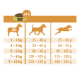 Fütterungsanleitung für Select Gold Hundefutter, zeigt empfohlene Tagesmengen basierend auf dem Gewicht des Hundes, mit Icons von Hunden und einer Schüssel.