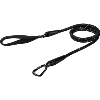 Laisse de chien noire en corde durable avec une poignée rembourrée et un clip de mousqueton en métal à une extrémité.