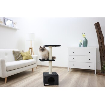 Flauschige grau-weiße Katze sitzt auf einem schwarzen Kratzbaum in einem modernen Wohnzimmer mit weißem Sofa und Kommode.