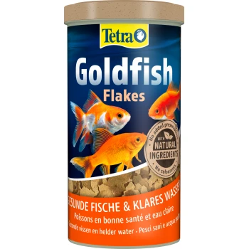 Behälter für Tetra Goldfischflocken mit zwei Goldfischillustrationen, mit dem Text "Bio Aktive Formel" und "Gesunde Entwicklung, klares Wasser".
